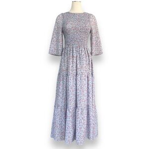 Melloday floral smocked bodice tiered skirt maxi dress, size small